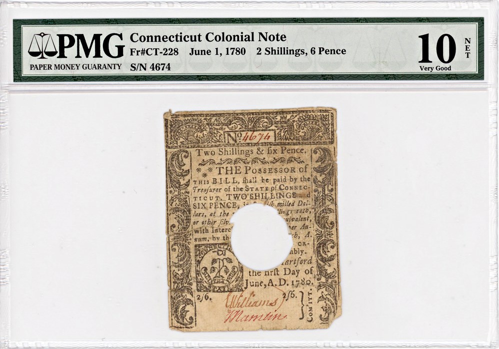 image for: FR. CT228 June 1, 1780 2s/6d Connecticut Colonial Note PMG Very Good 10 (Hole Cancelled, Severed and Reattached, Tape Repairs)