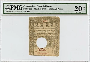 image for: FR. CT-220 March 1, 1780 1s/3d Connecticut Colonial Note PMG Very Fine 20 (Hole Cancelled, Tape Repair)