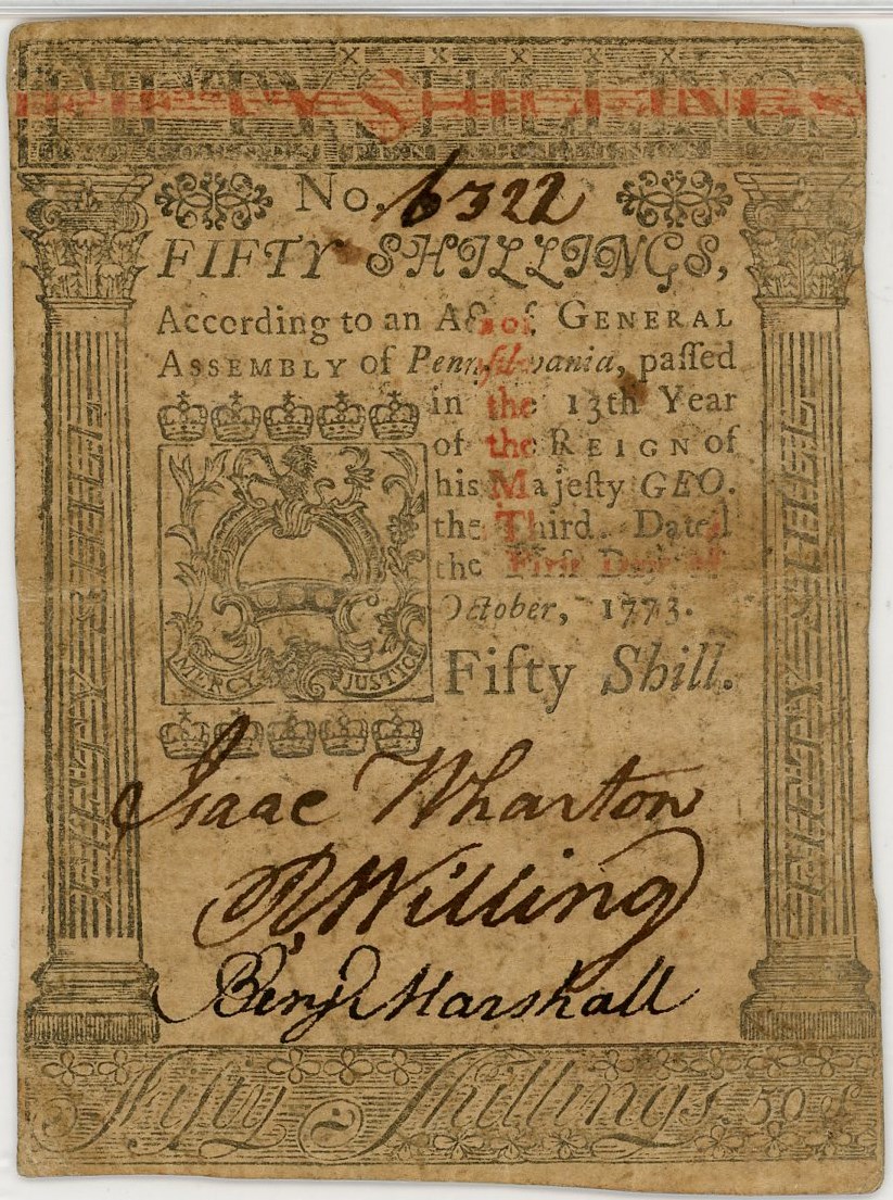 image for: FR. PA-170 October 1, 1773 50 Shillings Pennsylvania Colonial Note PMG About Unc 53