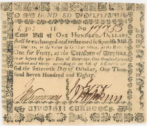 image for: FR. VA-192 October 16, 1780 $100 Virginia Colonial Currency PCGS Extremely Fine 40 PPQ