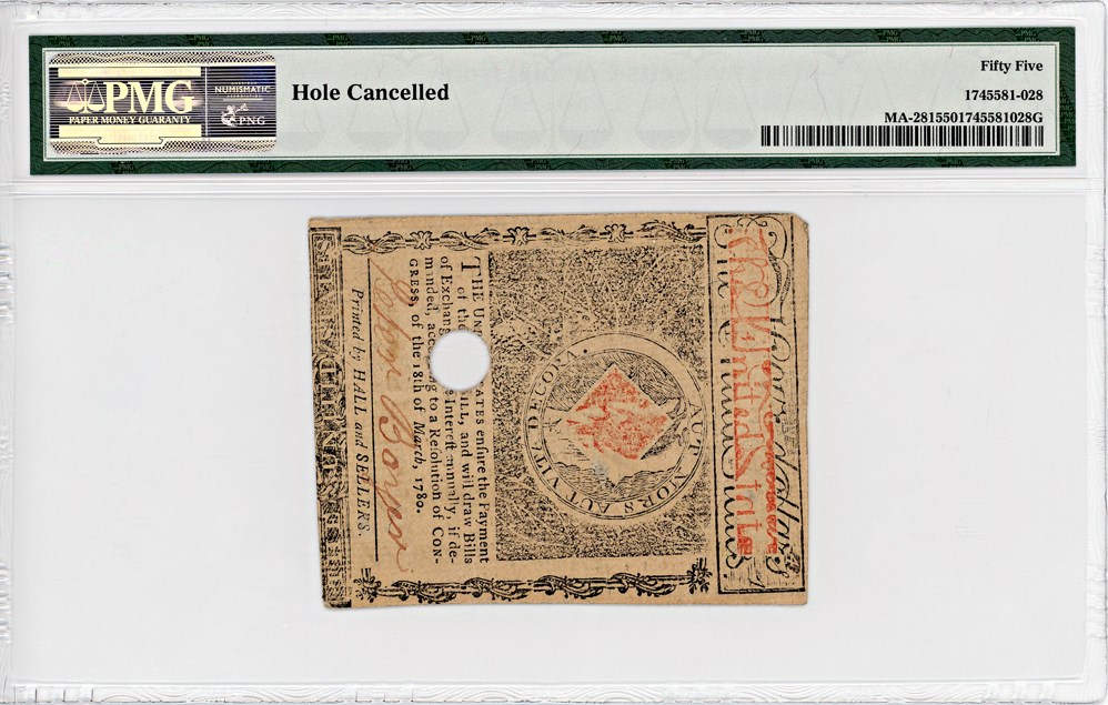image for: FR. MA-281 May 5, 1780 $4 Massachusetts Colonial Note PMG About Unc 55 (Hole Cancelled)