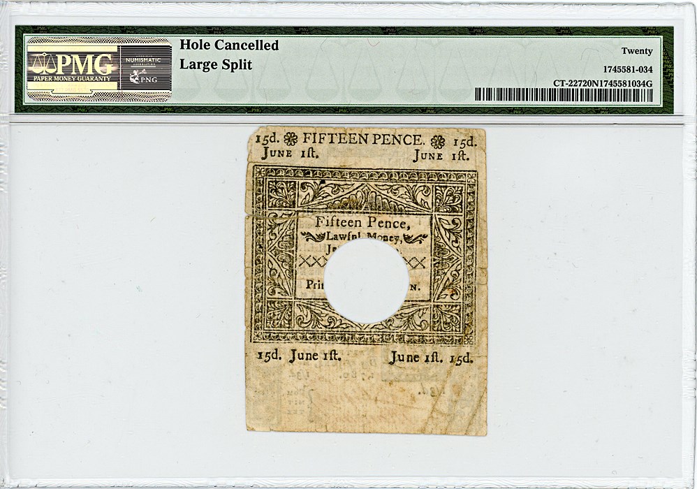 image for: FR. CT-227 June 1, 1780 1 Shilling, 3Pence Connecticut Colonial Note PMG Very Fine 20 (Hole Cancelled, Large Split)