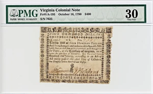 image for: FR. VA-195 October 16, 1780 $400 Virginia Colonial Note PMG Very Fine 30