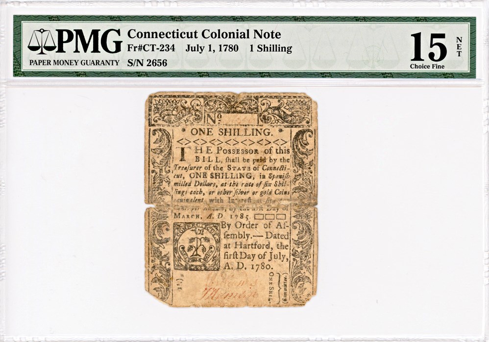 image for: FR. CT-234 July 1, 1780 1s Connecticut Colonial Note PMG Fine 15 (Cut Cancelled, Tape Repair, Splits, Corners Missing)