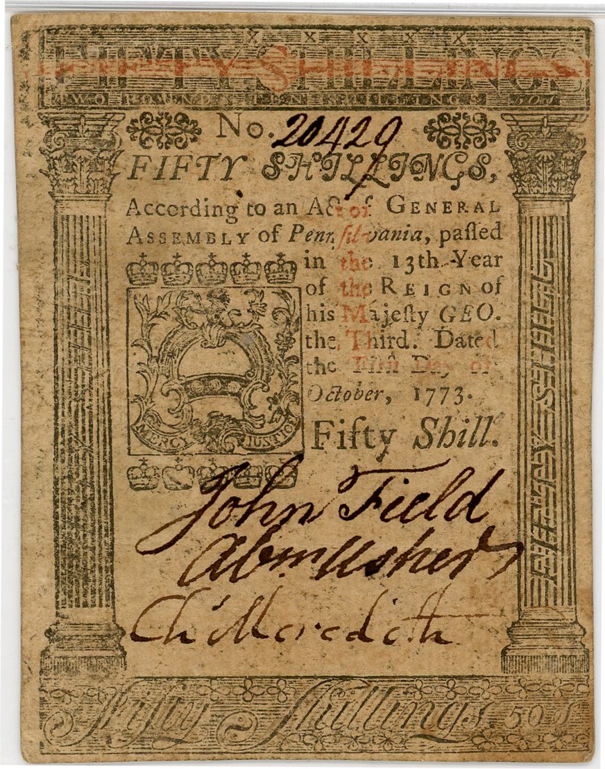 image for: FR. PA-170 October 1, 1773 50 Shillings Pennsylvania Colonial Note PMG Extremely Fine 45