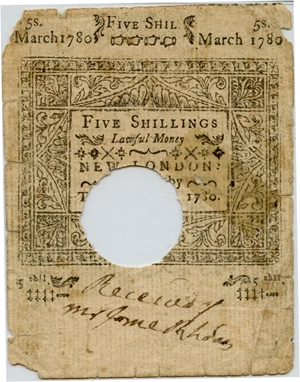 image for: FR. CT-222 March 1, 1780 5s Connecticut Colonial Note PMG Fine 15 (Hole Cancelled, Tape Repair, Splits, Corners Missing)