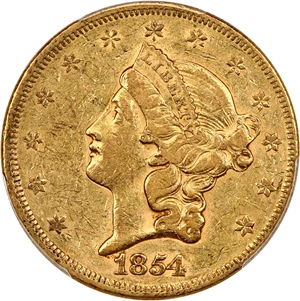image for: Minor Variety: 1854 $20 PCGS AU50 (Small Date, Repunched Date)