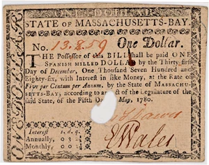 image for: FR. MA-278 May 5, 1780 $1 Massachusetts Colonial Note PMG About Unc 55 (Hole Cancelled)