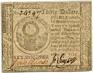 image for: FR. CC-10 May 10, 1775 $30 Continental Currency PMG Choice Extremely Fine 40