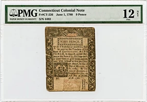 image for: FR. CT226 June 1, 1780 9d Connecticut Colonial Note PMG Fine 12 (Cut Cancelled, Large Split)
