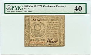 image for: FR. CC-10 May 10, 1775 $30 Continental Currency PMG Choice Extremely Fine 40