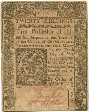image for: FR. CT-181 May 10, 1775 20s Connecticut Colonial Note PMG Very Fine 20 (Cut Cancelled, Tape Repairs)