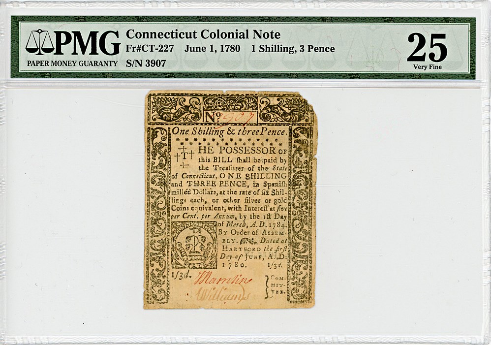 image for: FR. CT-227 June 1, 1780 1s/3d Connecticut Colonial Note PMG Very Fine 25 (Cut Cancelled, Corner Missing)