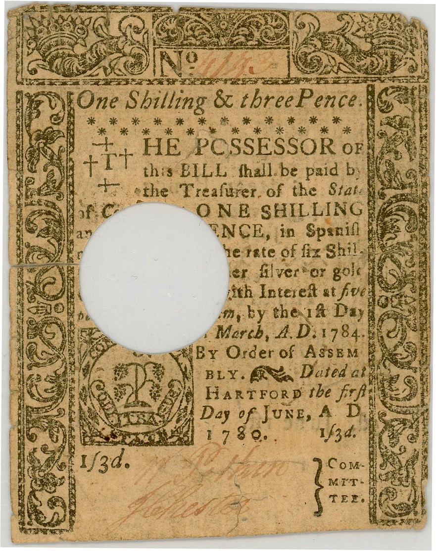 image for: FR. CT227 June 1, 1780 1s/3d Connecticut Colonial Note PMG Very Fine 20 (Hole Cancelled, Tears)