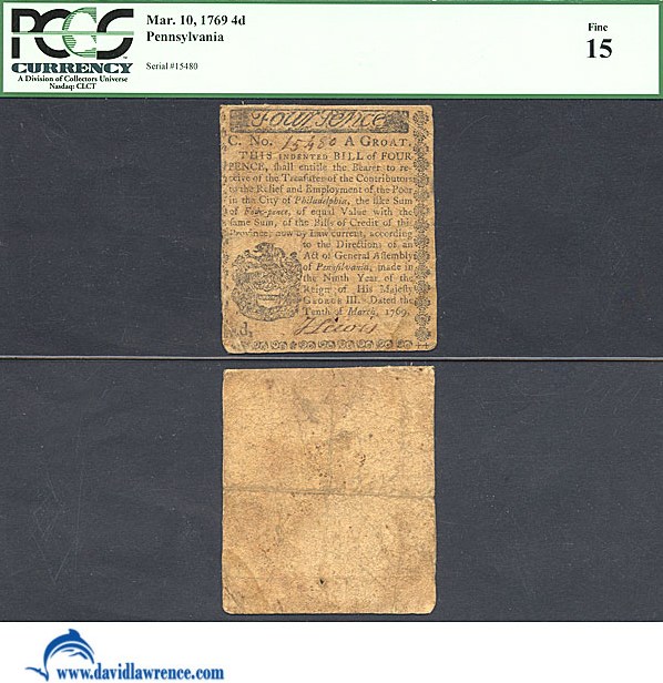 image for: Pennsylvania: Fr.PA135 1769 4d 10-Mar PCGS F15  [15480]