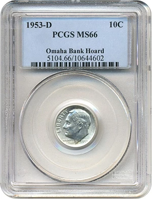image for: 1953-D 10c PCGS MS66 ex: Omaha Bank Hoard
