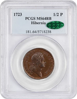 image for: 1723 Hibernia 1/2 P PCGS/CAC MS64 RB