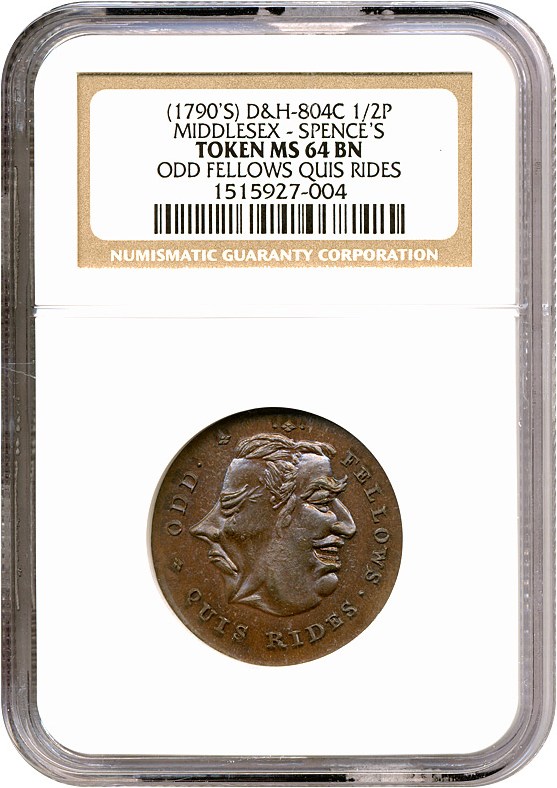 image for: GB Token: (1790's) Halfpenny Middlesex-Spence's (D&H-804c) Odd Fellows Quis Rides NGC MS64 BN