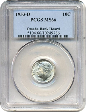 image for: 1953-D 10c PCGS MS66 ex: Omaha Bank Hoard
