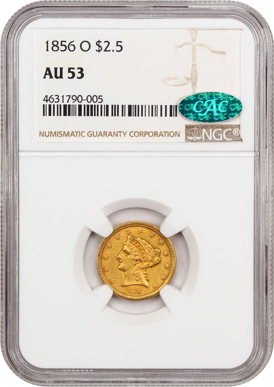 image for: 1856-O $2 1/2 NGC/CAC AU53