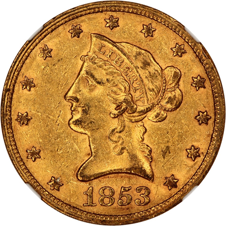 image for: 1853 $10 NGC/CAC AU58