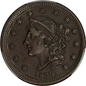 image for: 1839 1c PCGS AU50 (Silly Head)