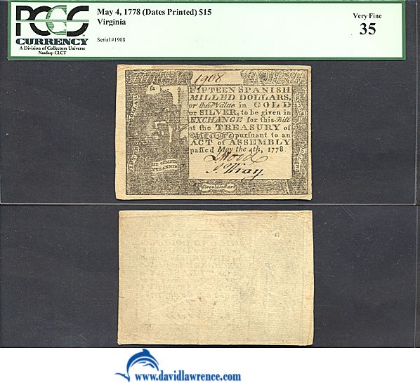 image for: Virginia: Fr.VA151a 1778 $15 4-May PCGS VF35  [1908]