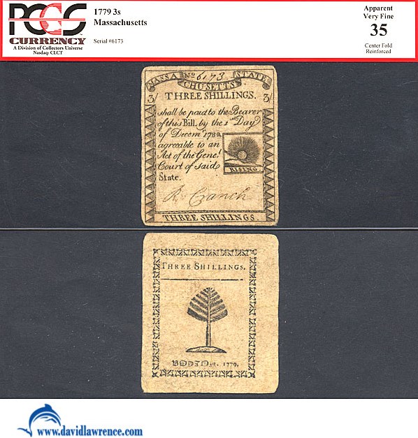 image for: Massachussetts: Fr.MA270 1779 3s 1-Dec PCGS VF35  [6173] (Red Holder, Center Fold Reinforced)