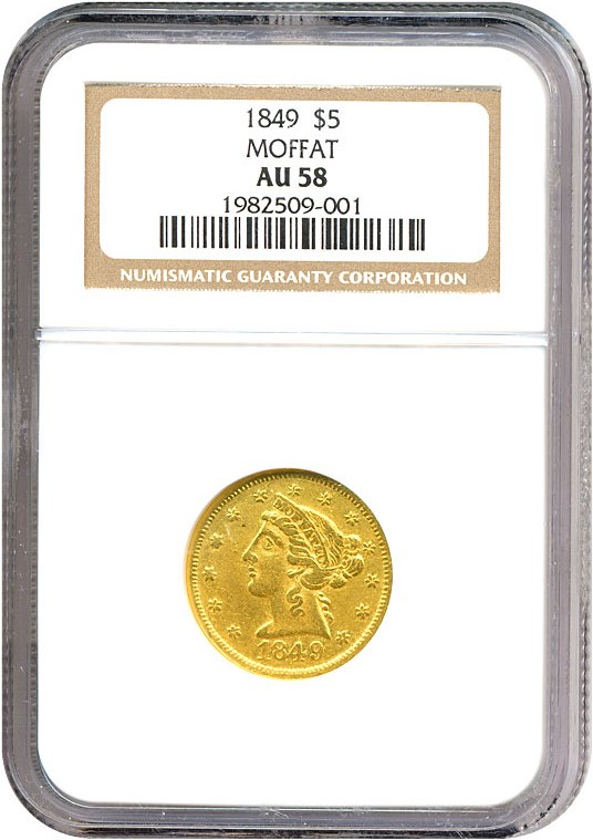 image for: Moffat $5 1849 NGC AU58 