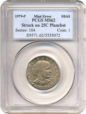 image for: 1979-P SBA$ PCGS MS62 Mint Error: Struck on 25c Planchet
