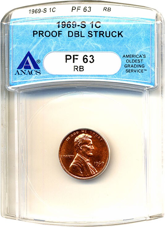 image for: 1969-S 1c Double Struck ANACS Proof 63 RB 