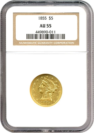 image for: 1855 $5 NGC AU55