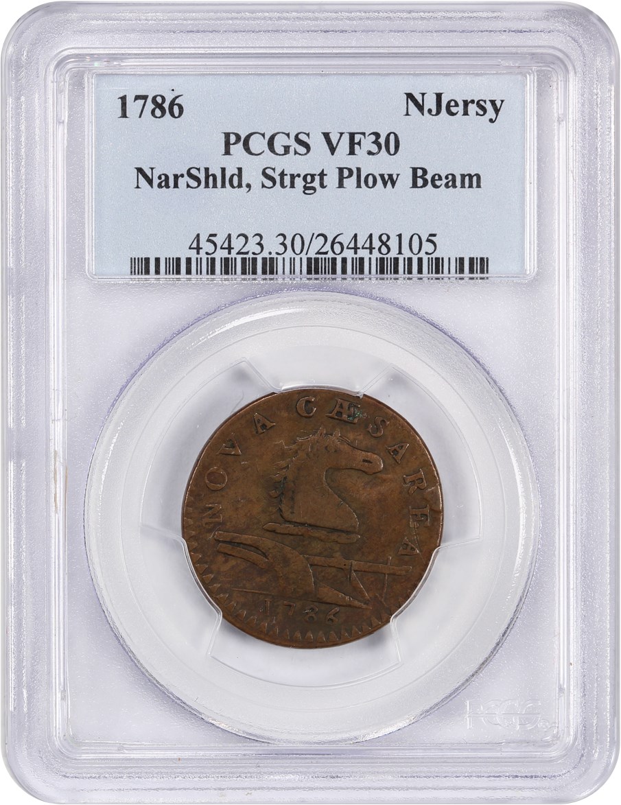 image for: 1786 New Jersey PCGS VF30 (Narrow Shield, Straight Plow Beam)