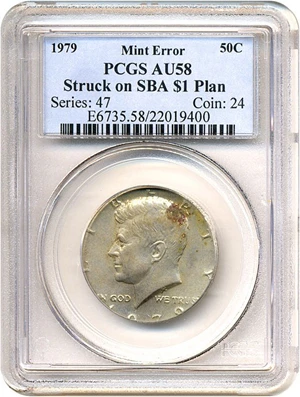 image for: 1979 50c PCGS AU58 Mint Error: Struck on SBA $1 Planchet