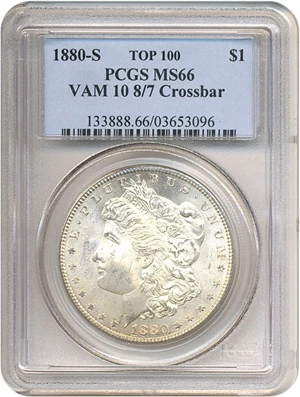 image for: Top 100 VAM: 1880-S $1 VAM 10 8/7 Crossbar PCGS MS66