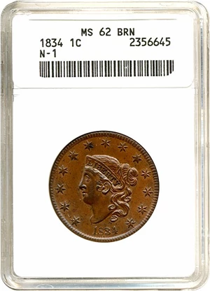 image for: 1834 1c ANACS MS62 BN (N-1)