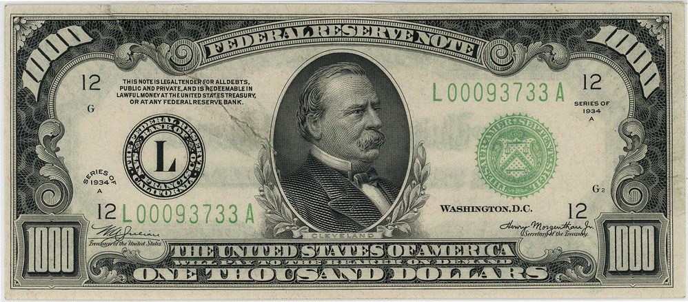 image for: FR. 2212-L 1934A $1000 FRN San Francisco PMG Unc 61 (Large Tear Repair)