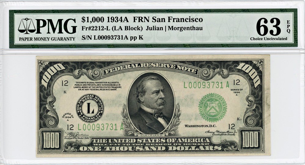 image for: FR. 2212-L 1934A $1000 FRN San Francisco PMG Choice Unc 63 EPQ