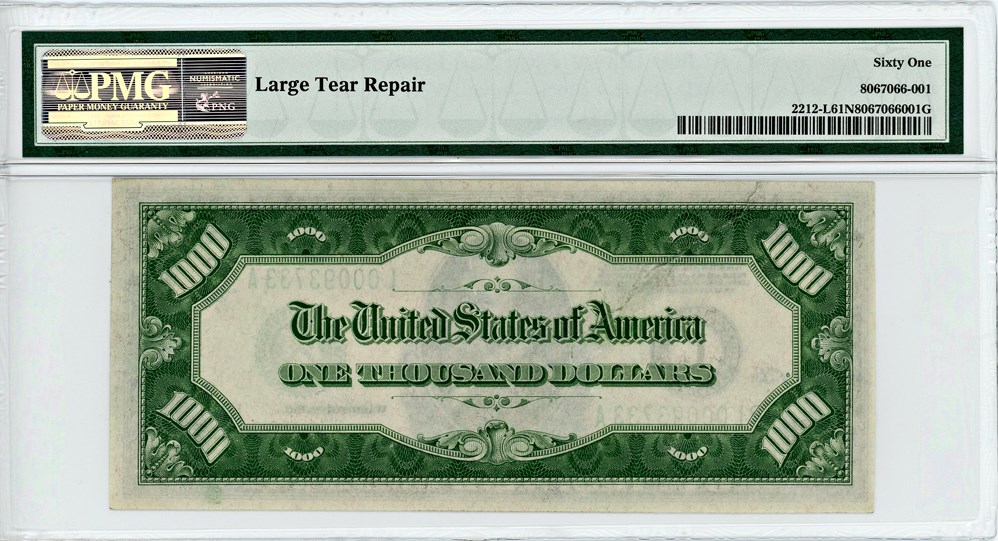 image for: FR. 2212-L 1934A $1000 FRN San Francisco PMG Unc 61 (Large Tear Repair)
