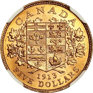 image for: Canada: 1913 $5 NGC MS62 ex: 2005-06 GSA Gold Hoard