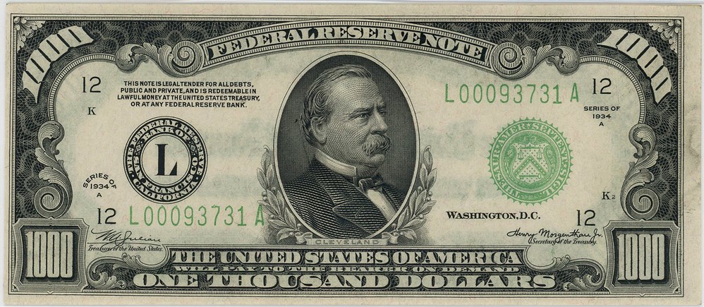 image for: FR. 2212-L 1934A $1000 FRN San Francisco PMG Choice Unc 63 EPQ