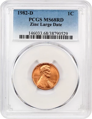 image for: 1982-D 1c PCGS MS68 RD (Zinc, Large Date)