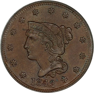 image for: 1842 1c PCGS/CAC MS64 BN (Large Date, N-9)