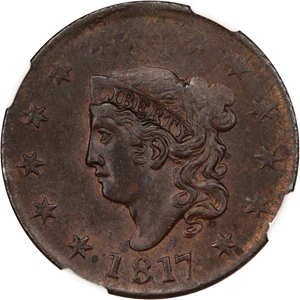 image for: Mint Error: 1817 1c NGC MS62 BN (Struck on a Tapered Planchet)
