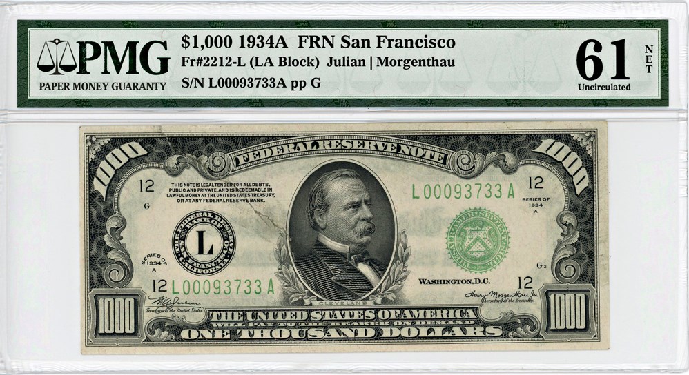image for: FR. 2212-L 1934A $1000 FRN San Francisco PMG Unc 61 (Large Tear Repair)