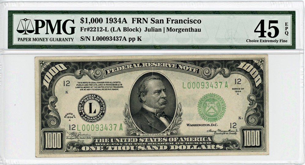 image for: FR. 2212-L 1934A $1000 FRN San Francisco PMG Extremely Fine 45 EPQ