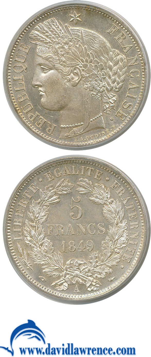 image for: France: 1849-A 5 Fr Lib. Head PCGS MS64   
