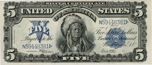 image for: FR. 281 1899 $5 Silver Certificate PMG About Unc 50 (Small Tear)
