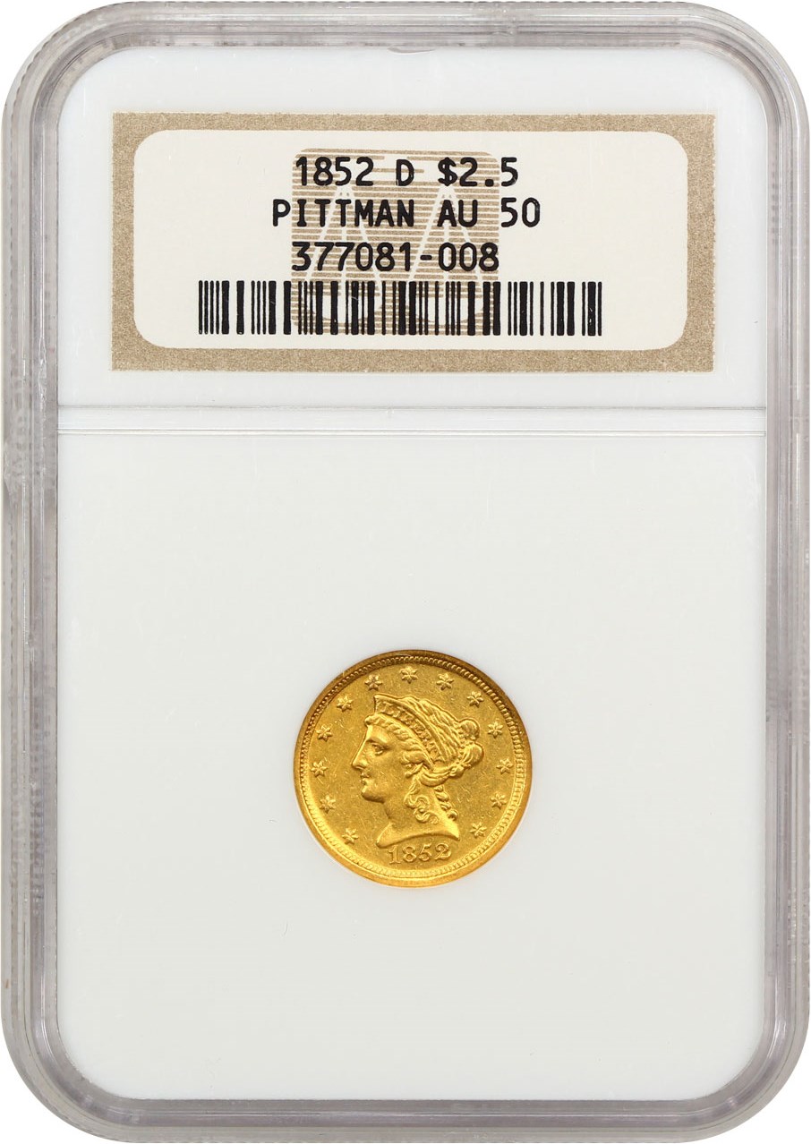 image for: 1852-D $2 1/2 NGC AU50 ex: Pittman