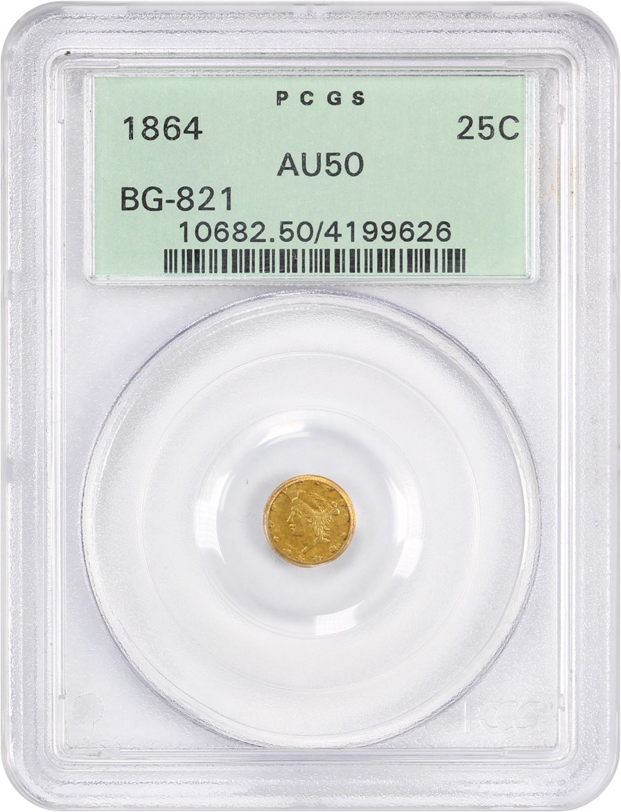 image for: 1864 Cal. Gold 25c PCGS AU50 (BG-821, OGH)